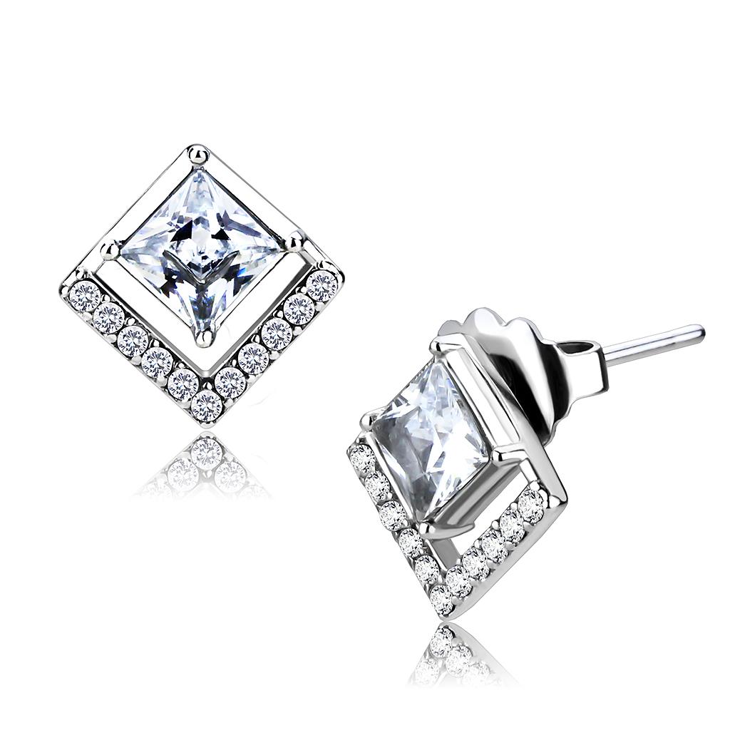 High polished (no plating) Stainless Steel Earrings with AAA Grade CZ in Clear