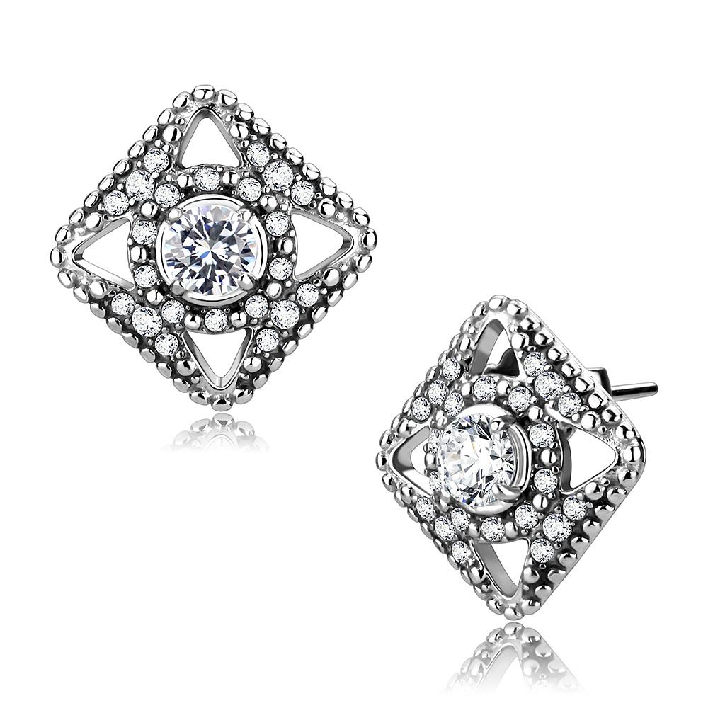 High polished (no plating) Stainless Steel Earrings with AAA Grade CZ in Clear