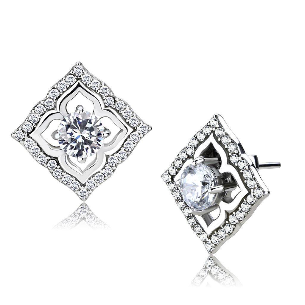 High polished (no plating) Stainless Steel Earrings with AAA Grade CZ in Clear
