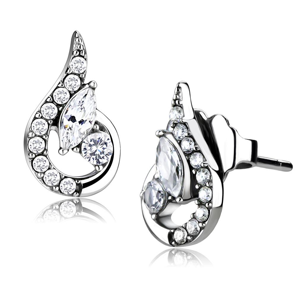 High polished (no plating) Stainless Steel Earrings with AAA Grade CZ in Clear