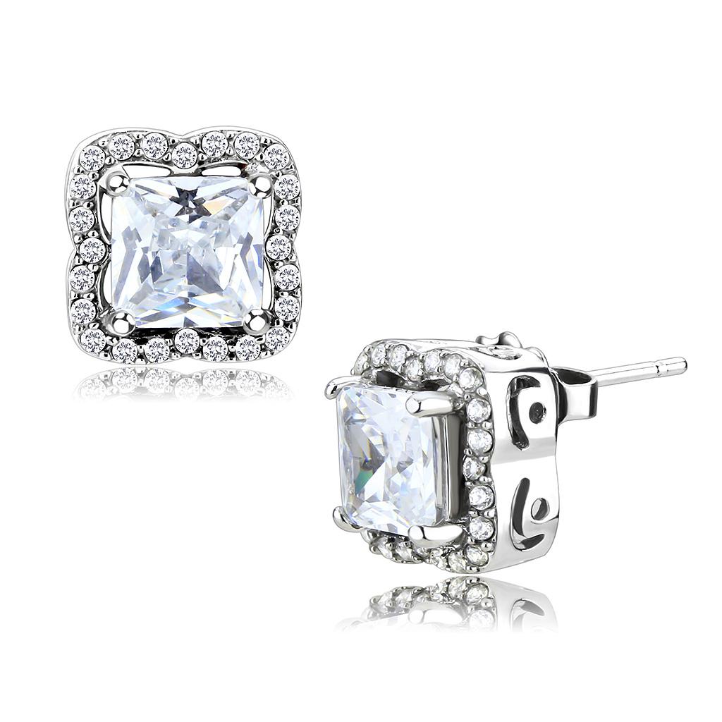 High polished (no plating) Stainless Steel Earrings with AAA Grade CZ in Clear