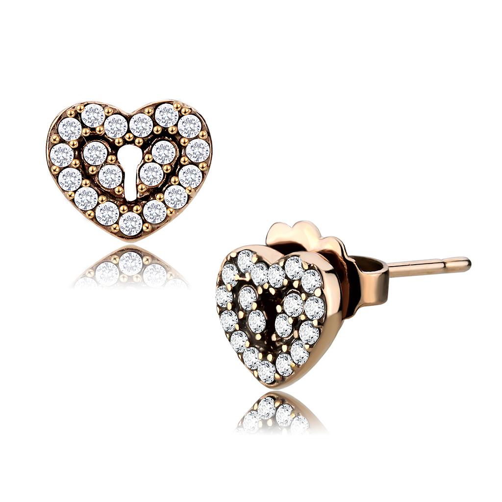 IP Rose Gold(Ion Plating) Stainless Steel Earrings with AAA Grade CZ in Clear