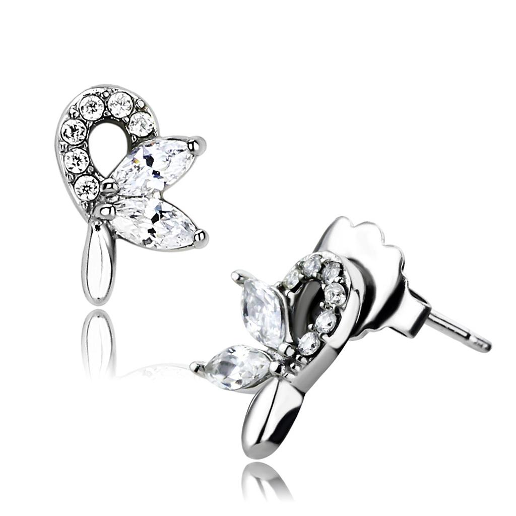 High polished (no plating) Stainless Steel Earrings with AAA Grade CZ in Clear