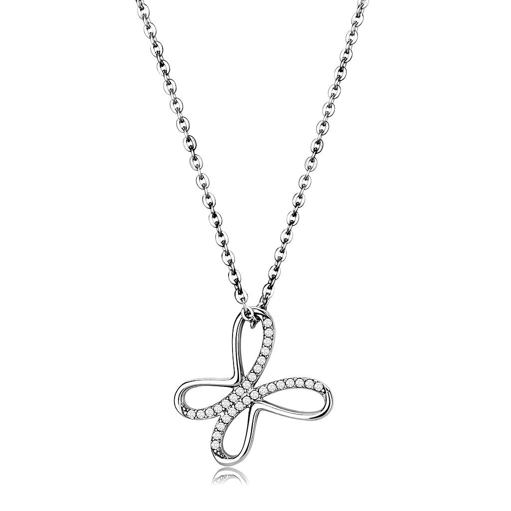 High polished (no plating) Stainless Steel Chain Pendant with AAA Grade CZ in Clear