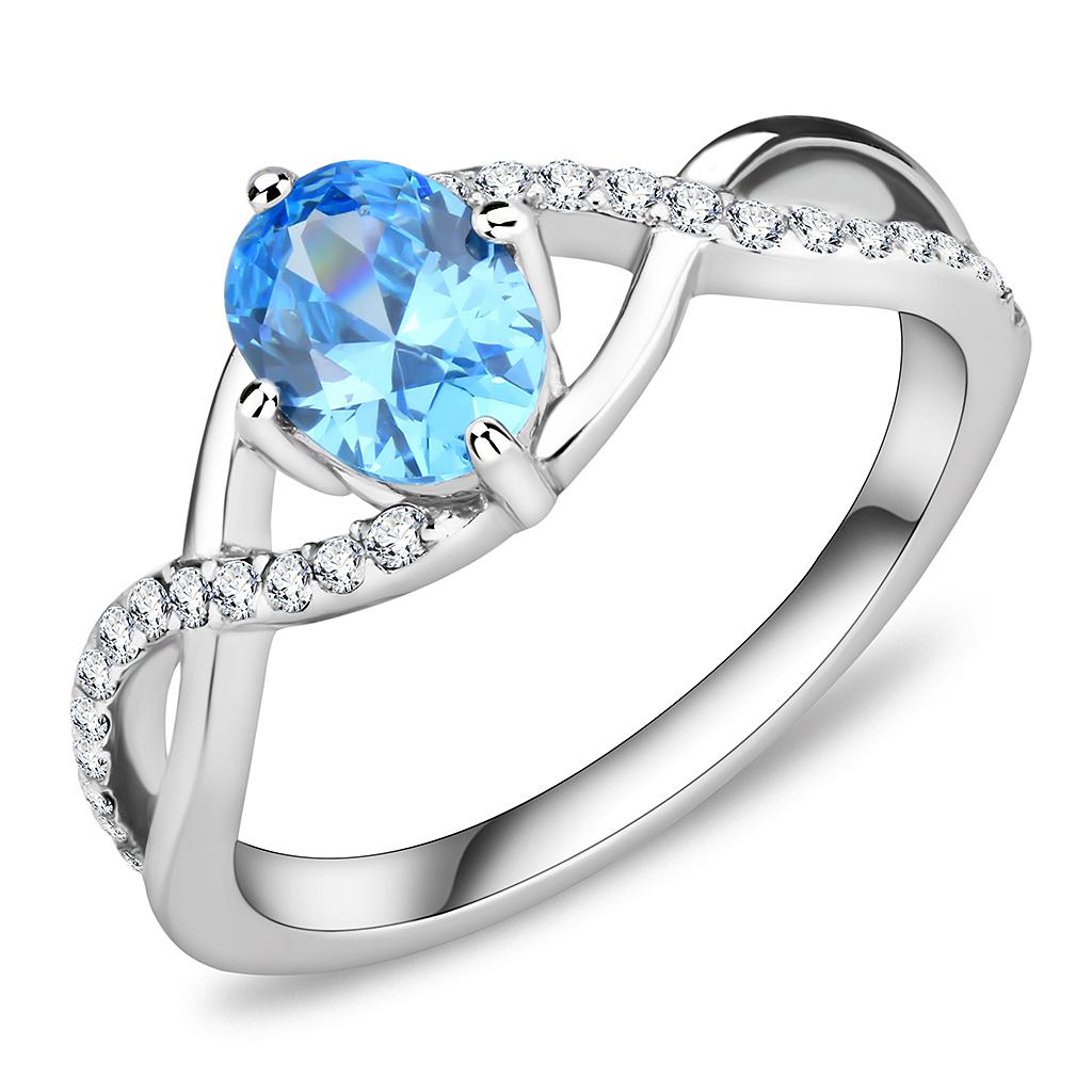 High polished (no plating) Stainless Steel Ring with AAA Grade CZ in Sea Blue