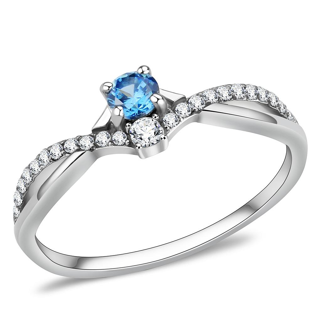 High polished (no plating) Stainless Steel Ring with AAA Grade CZ in Sea Blue