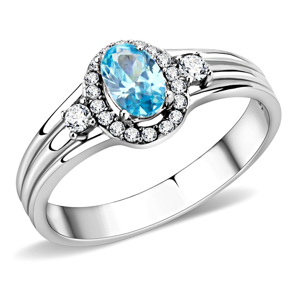 High polished (no plating) Stainless Steel Ring with AAA Grade CZ in Sea Blue