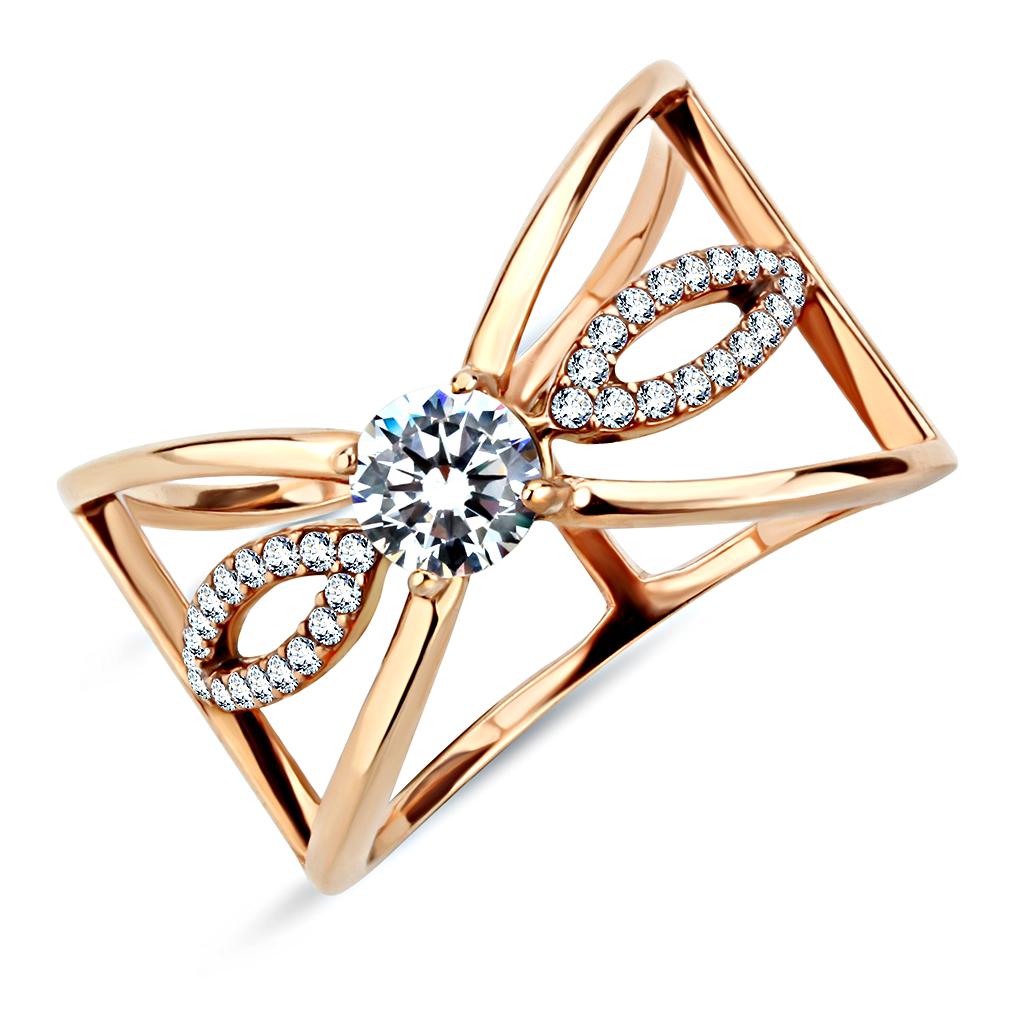 IP Rose Gold(Ion Plating) Stainless Steel Ring with AAA Grade CZ in Clear