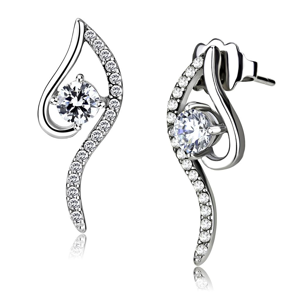 High polished (no plating) Stainless Steel Earrings with AAA Grade CZ in Clear