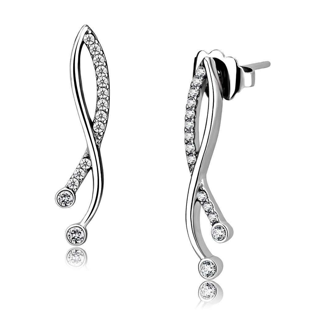 High polished (no plating) Stainless Steel Earrings with AAA Grade CZ in Clear