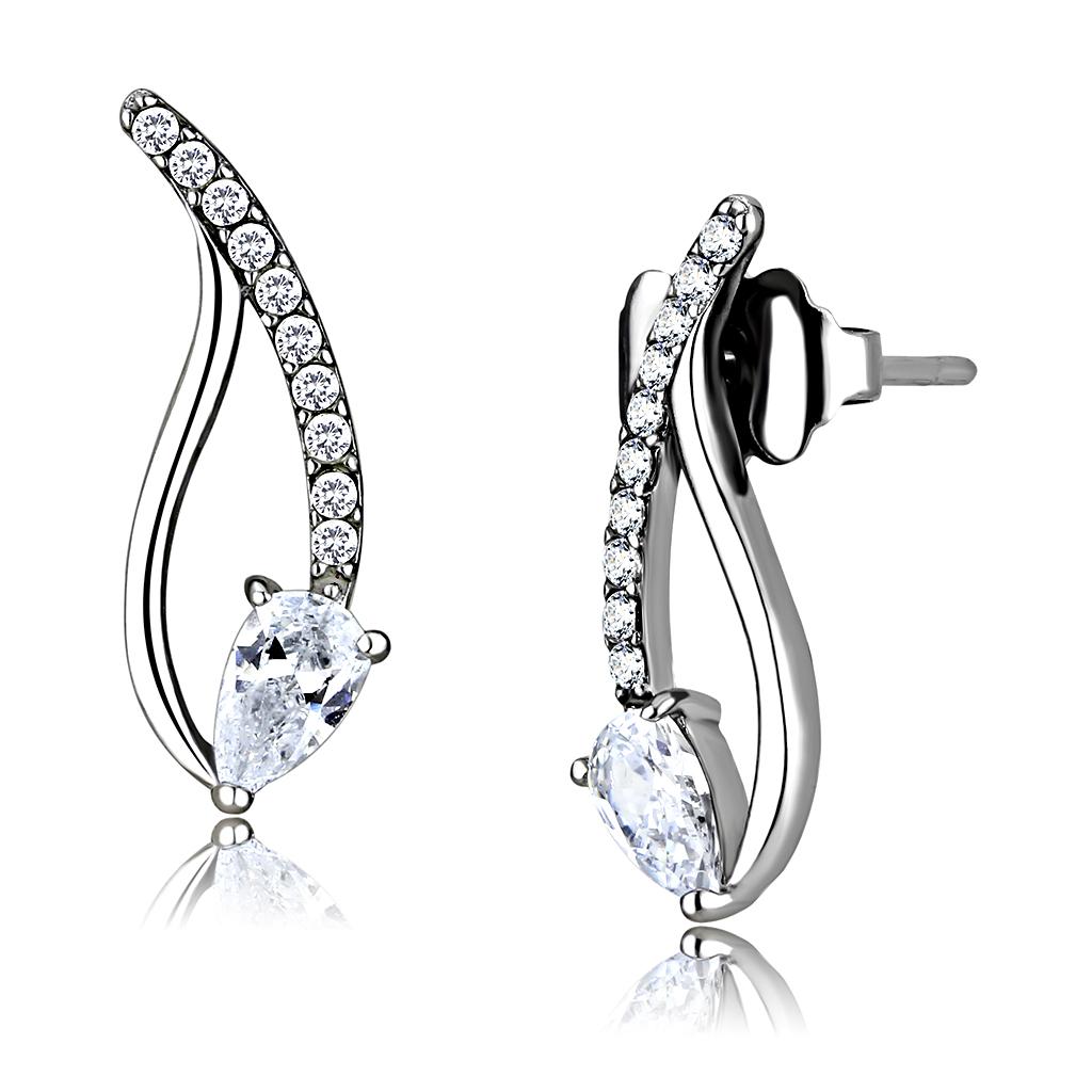 High polished (no plating) Stainless Steel Earrings with AAA Grade CZ in Clear