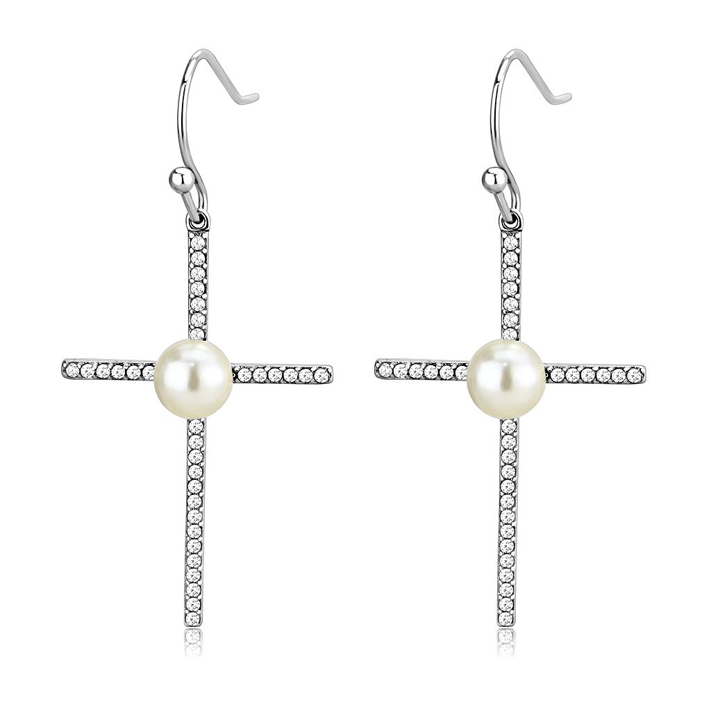 High polished (no plating) Stainless Steel Earrings with Synthetic Pearl in White