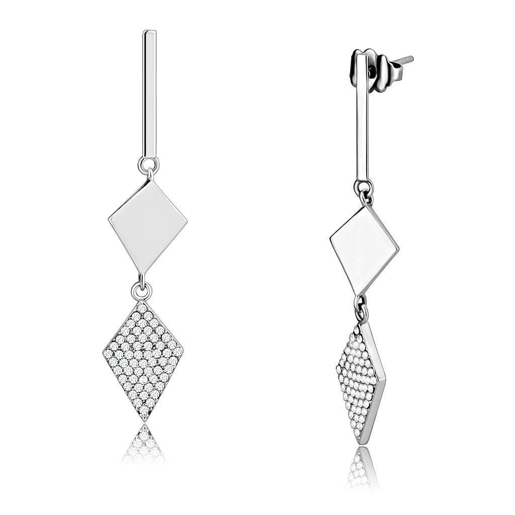 High polished (no plating) Stainless Steel Earrings with AAA Grade CZ in Clear