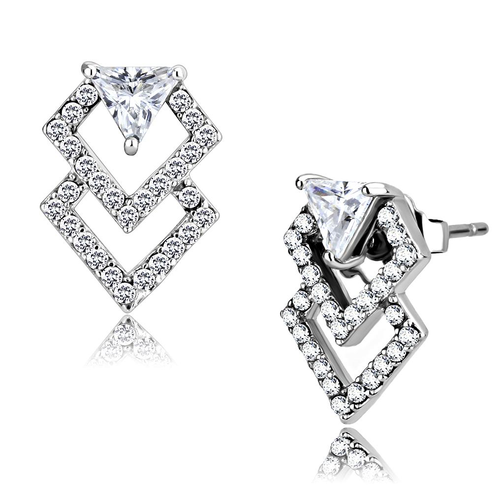 High polished (no plating) Stainless Steel Earrings with AAA Grade CZ in Clear