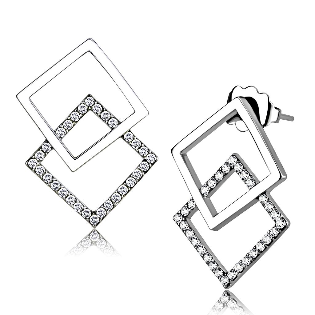 High polished (no plating) Stainless Steel Earrings with AAA Grade CZ in Clear