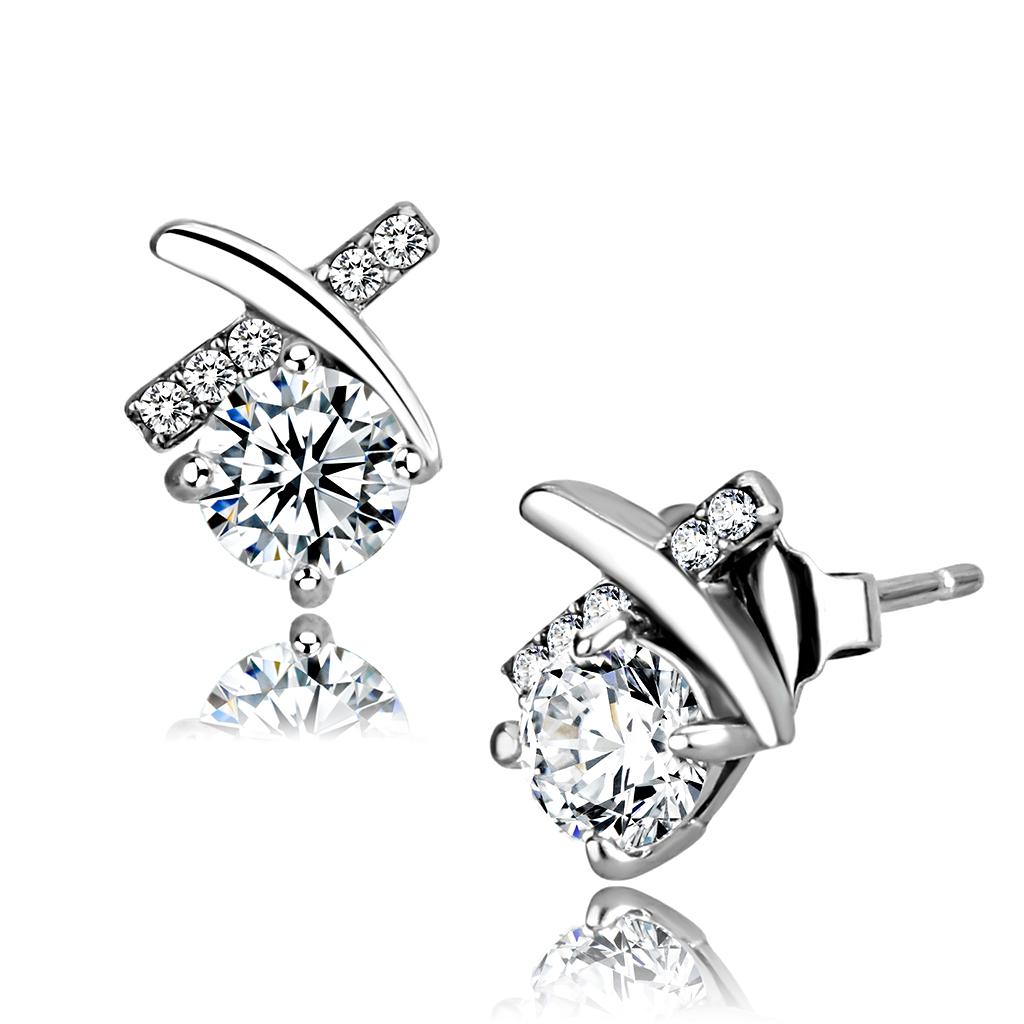 High polished (no plating) Stainless Steel Earrings with AAA Grade CZ in Clear