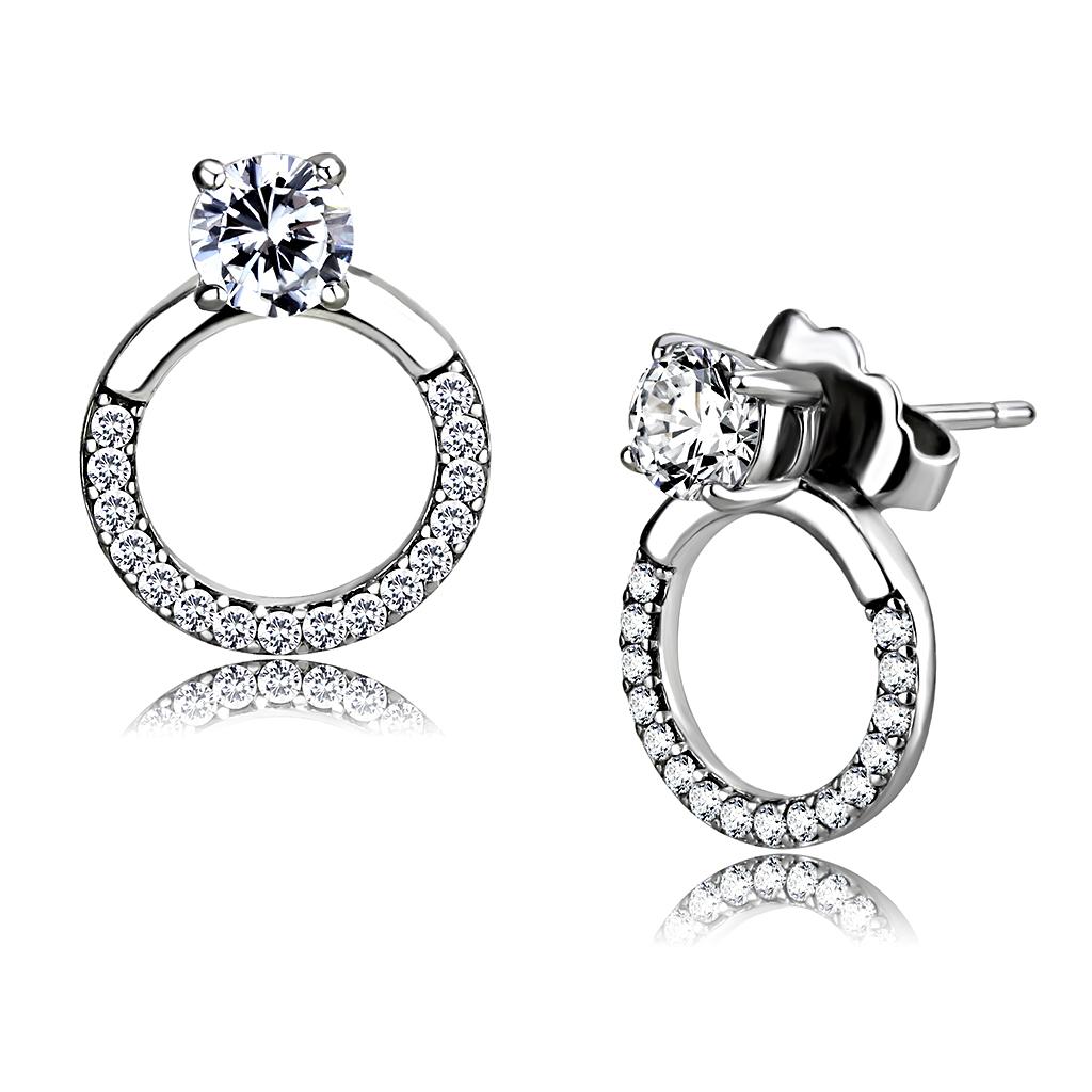 High polished (no plating) Stainless Steel Earrings with AAA Grade CZ in Clear