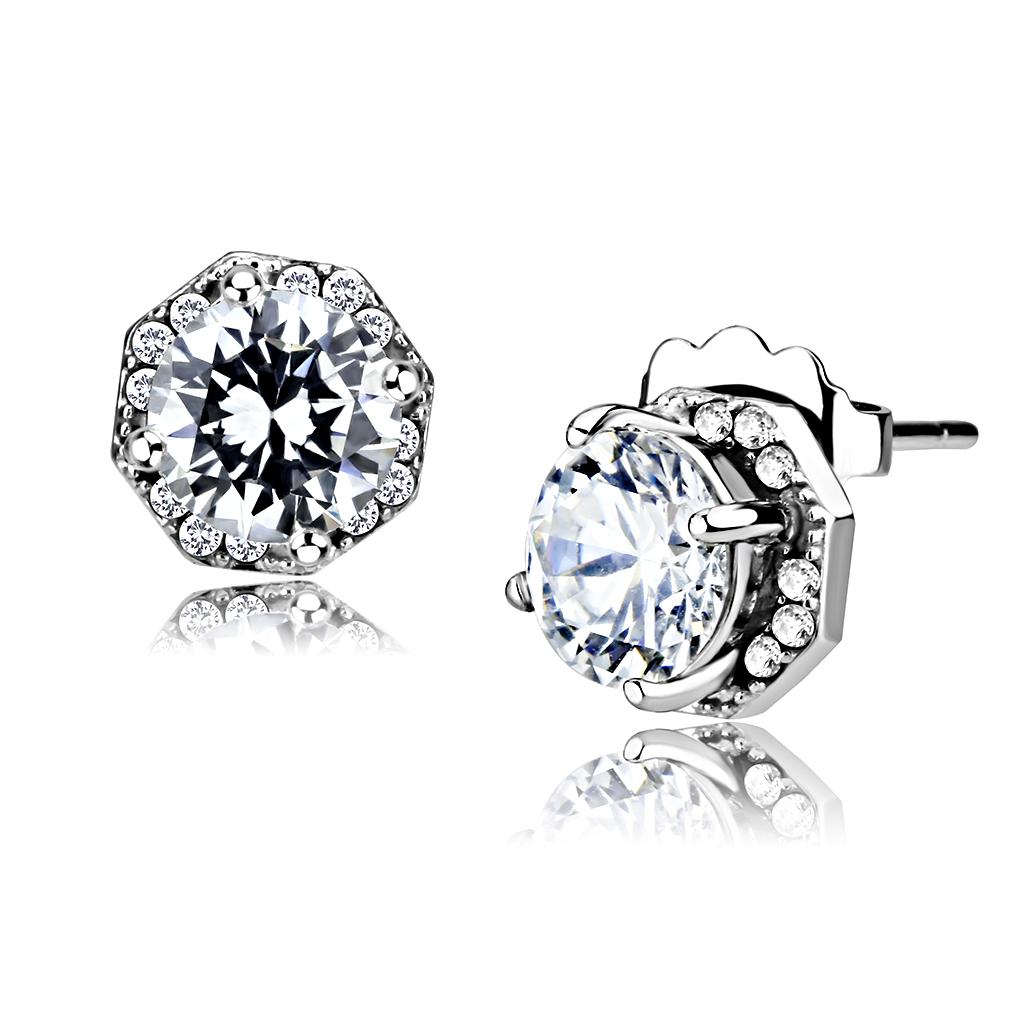 High polished (no plating) Stainless Steel Earrings with AAA Grade CZ in Clear