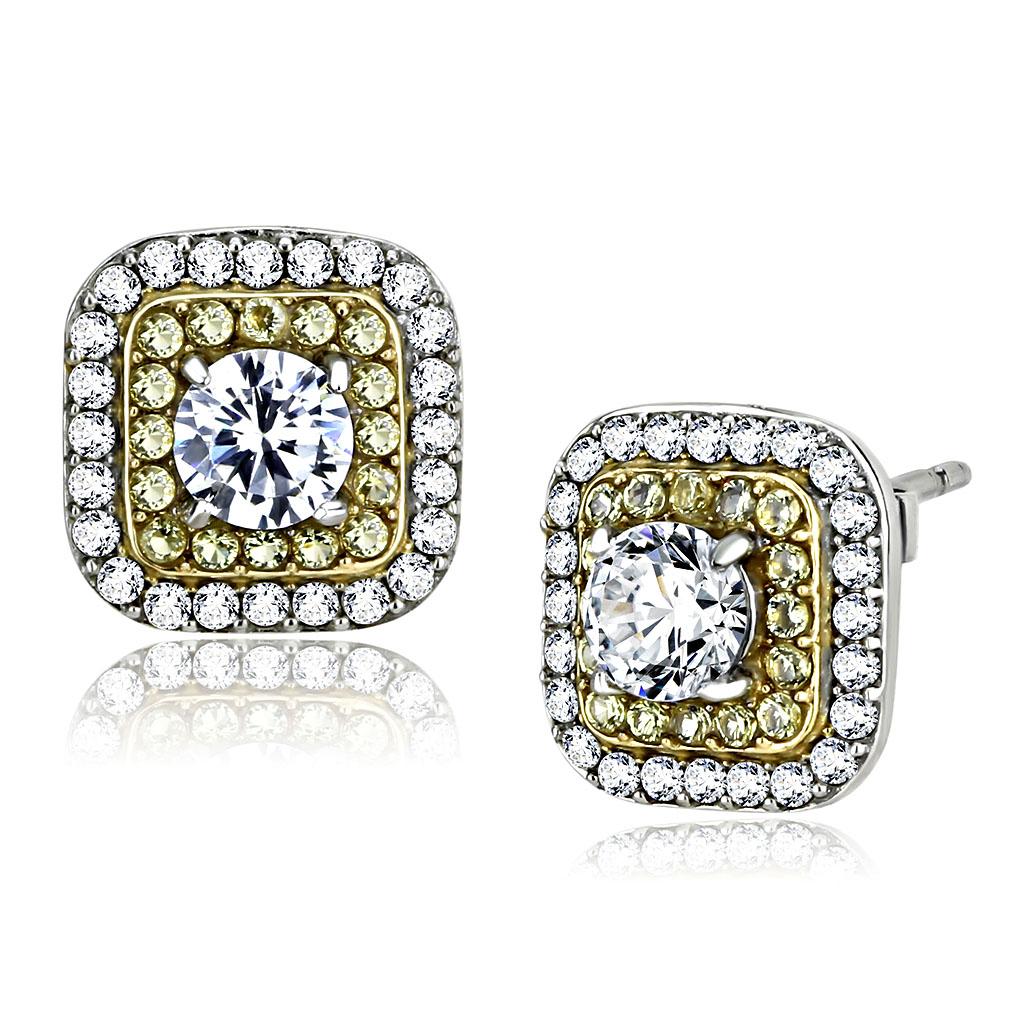 Two-Tone IP Gold (Ion Plating) Stainless Steel Earrings with AAA Grade CZ in Clear