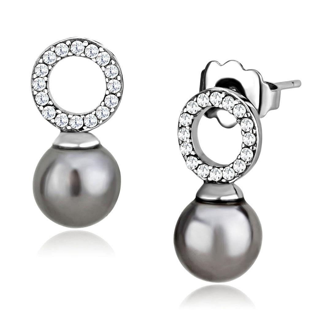 High polished (no plating) Stainless Steel Earrings with Synthetic Pearl in Gray