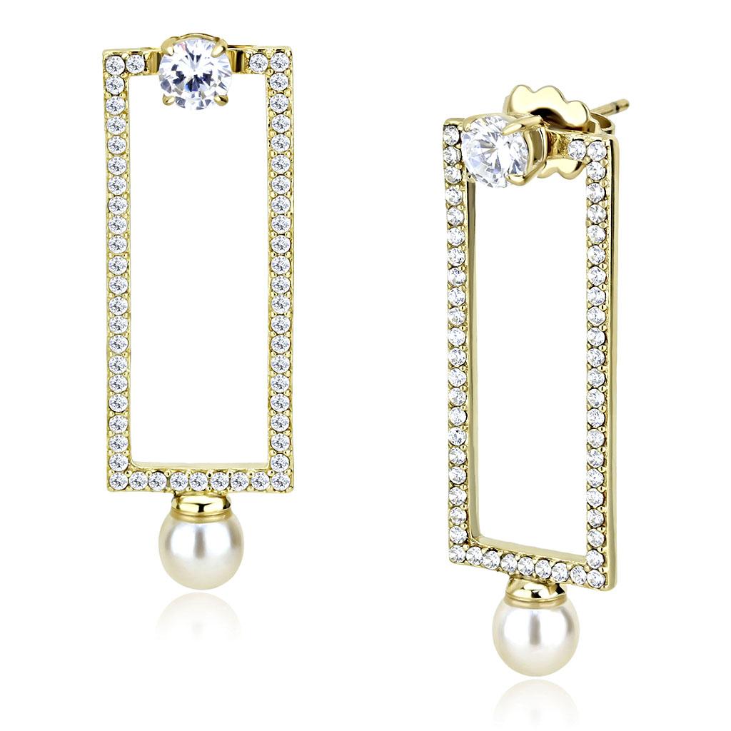 IP Gold(Ion Plating) Stainless Steel Earrings with Synthetic Pearl in White