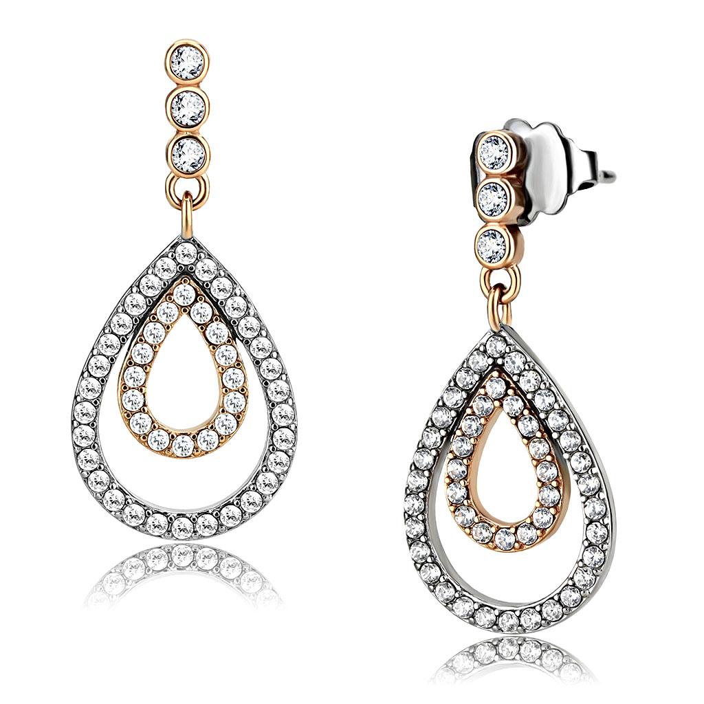 Two-Tone IP Rose Gold Stainless Steel Earrings with AAA Grade CZ in Clear