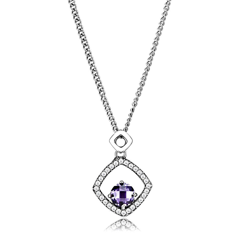 High polished (no plating) Stainless Steel Chain Pendant with AAA Grade CZ in Amethyst