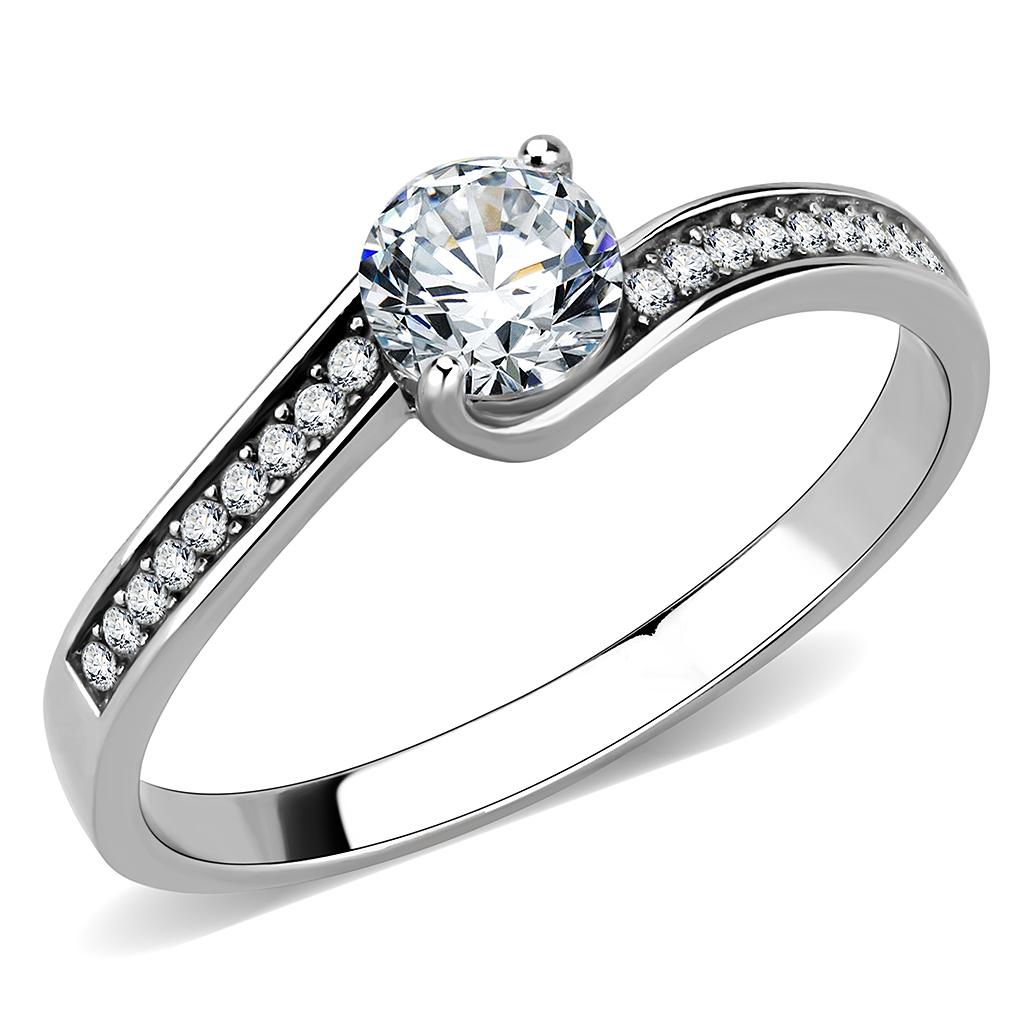 High polished (no plating) Stainless Steel Ring with AAA Grade CZ in Clear