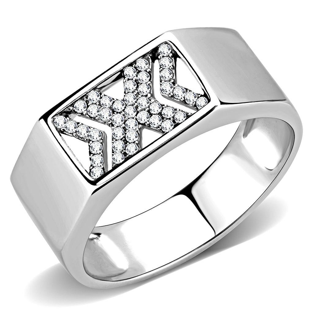 High polished (no plating) Stainless Steel Ring with AAA Grade CZ in Clear