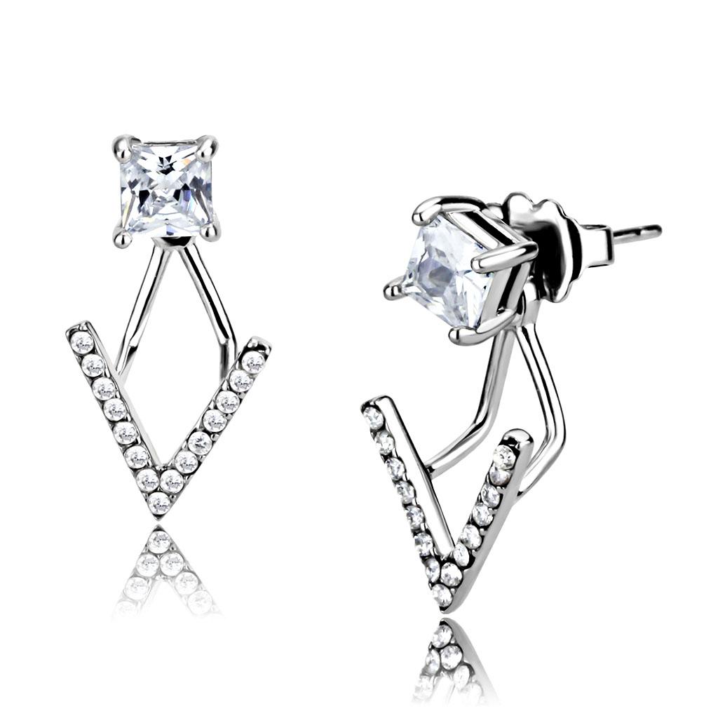 High polished (no plating) Stainless Steel Earrings with AAA Grade CZ in Clear