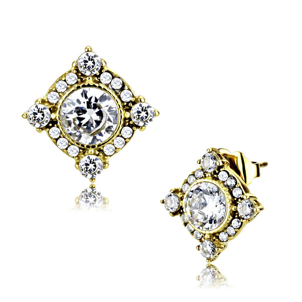 IP Gold(Ion Plating) Stainless Steel Earrings with AAA Grade CZ in Clear
