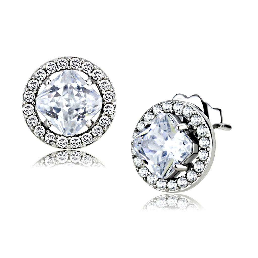 High polished (no plating) Stainless Steel Earrings with AAA Grade CZ in Clear