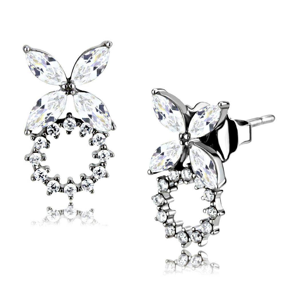 High polished (no plating) Stainless Steel Earrings with AAA Grade CZ in Clear