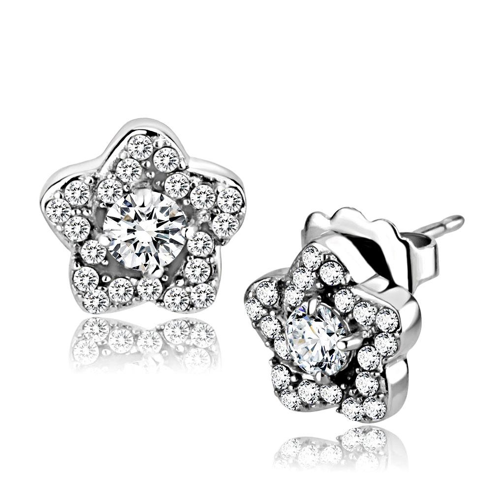 High polished (no plating) Stainless Steel Earrings with AAA Grade CZ in Clear