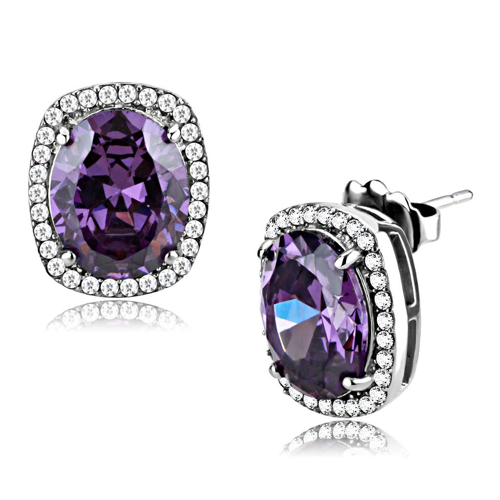 High polished (no plating) Stainless Steel Earrings with AAA Grade CZ in Amethyst