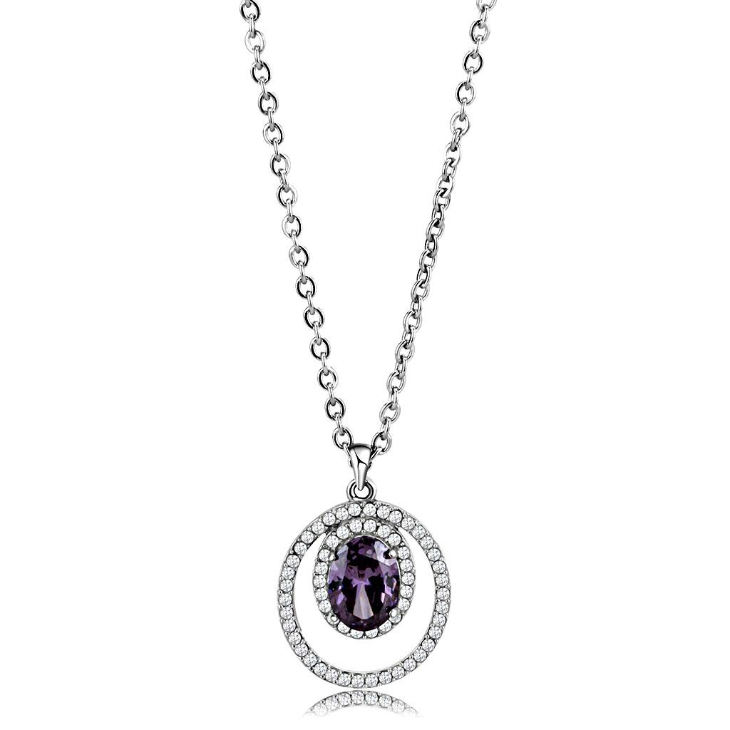 High polished (no plating) Stainless Steel Chain Pendant with AAA Grade CZ in Amethyst