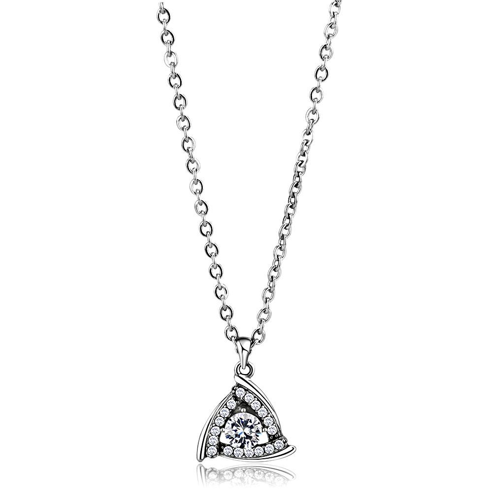 High polished (no plating) Stainless Steel Chain Pendant with AAA Grade CZ in Clear