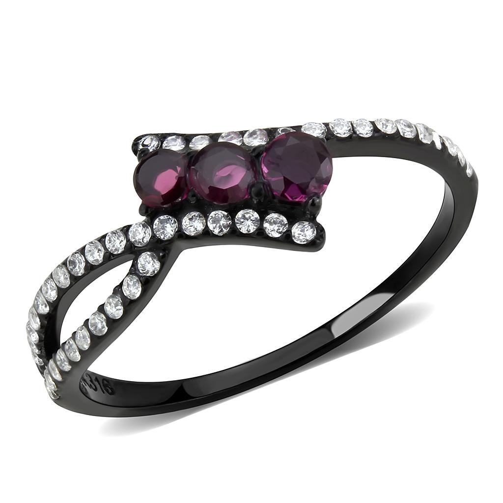 IP Black(Ion Plating) Stainless Steel Ring with AAA Grade CZ in Fuchsia