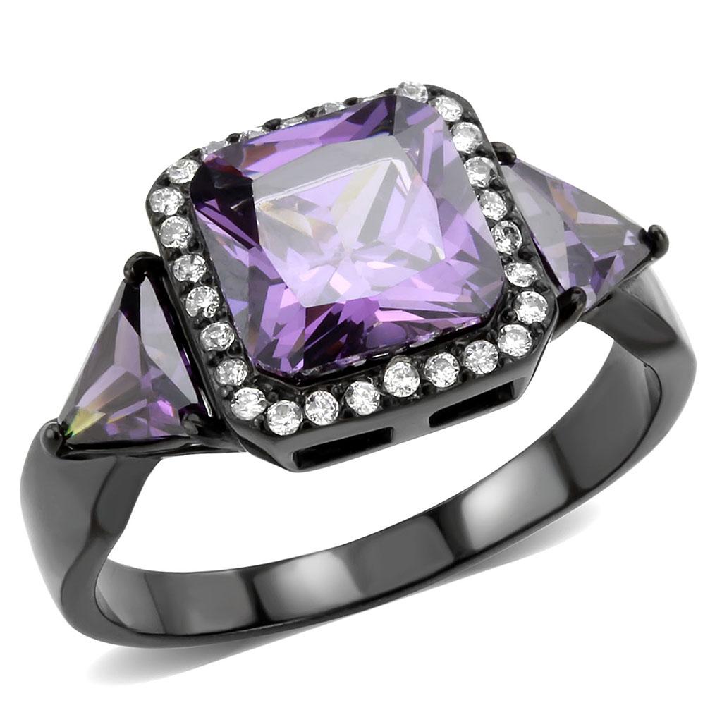 IP Black(Ion Plating) Stainless Steel Ring with AAA Grade CZ in Amethyst