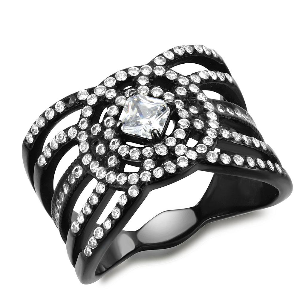 IP Black(Ion Plating) Stainless Steel Ring with AAA Grade CZ in Clear