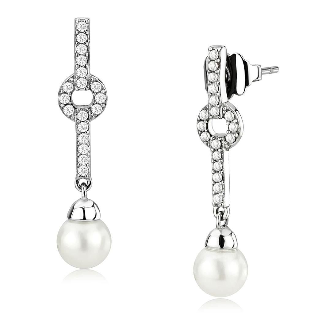 High polished (no plating) Stainless Steel Earrings with Synthetic Pearl in White