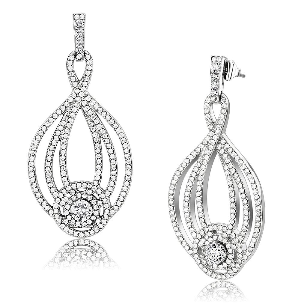 High polished (no plating) Stainless Steel Earrings with AAA Grade CZ in Clear
