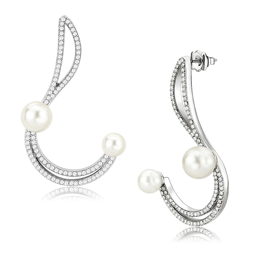 High polished (no plating) Stainless Steel Earrings with Synthetic Pearl in White