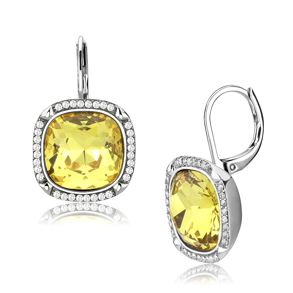 High polished (no plating) Stainless Steel Earrings with Top Grade Crystal in Topaz