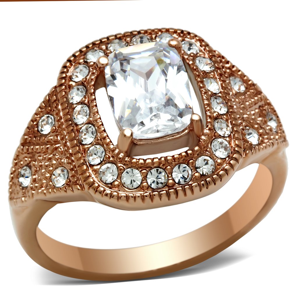 IP Rose Gold(Ion Plating) Brass Ring with AAA Grade CZ in Clear