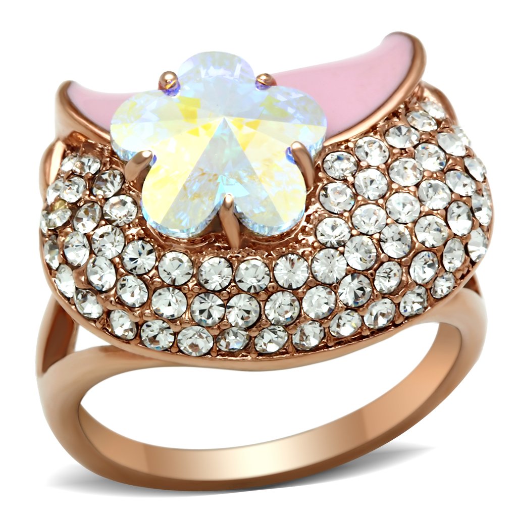 IP Rose Gold(Ion Plating) Brass Ring with Top Grade Crystal in Clear
