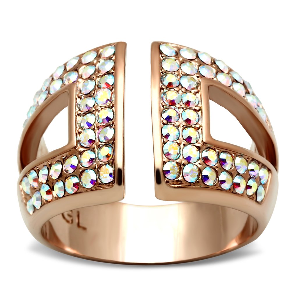 IP Rose Gold(Ion Plating) Brass Ring with Top Grade Crystal in Aurora Borealis (Rainbow Effect)
