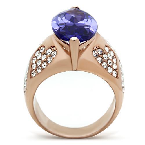 IP Rose Gold(Ion Plating) Brass Ring with AAA Grade CZ in Tanzanite