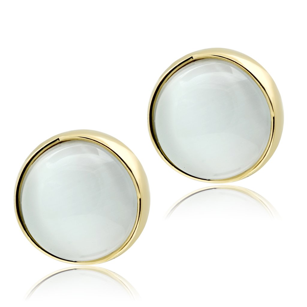 IP Gold(Ion Plating) Brass Earrings with Synthetic Cat Eye in White