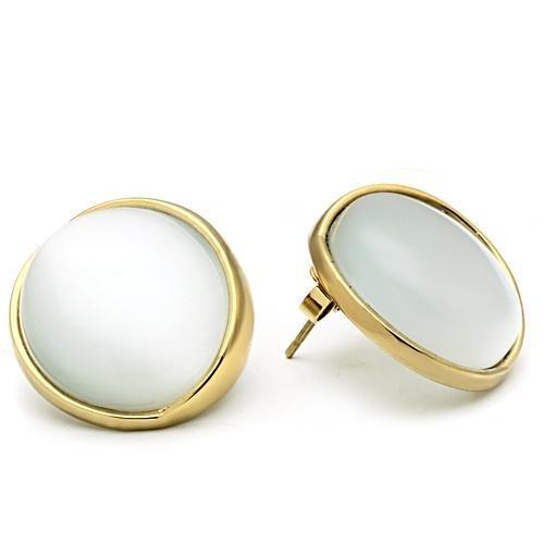 IP Gold(Ion Plating) Brass Earrings with Synthetic Cat Eye in White